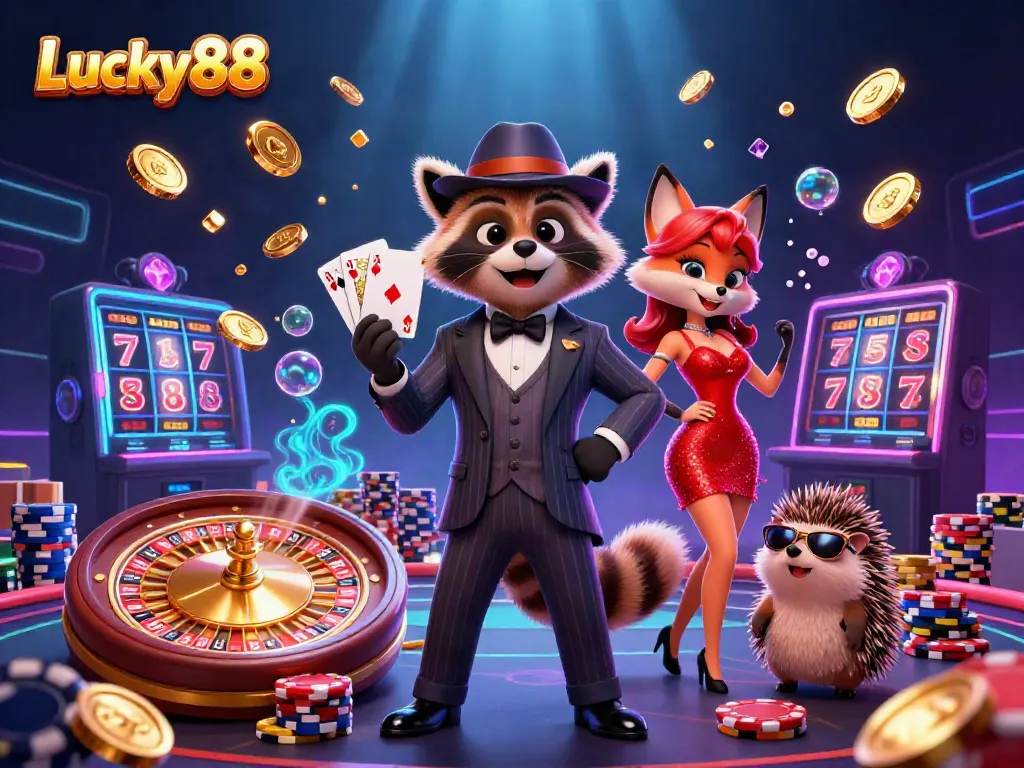 Play exciting games at Lucky88 with a charming raccoon, fox, and hedgehog, amidst casino treasures.