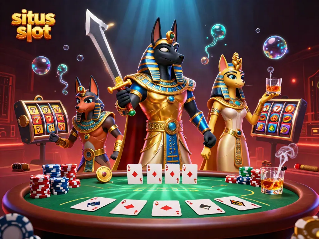 Engage with exciting situs slot gameplay alongside ancient Egyptian warriors and vibrant casino elements.