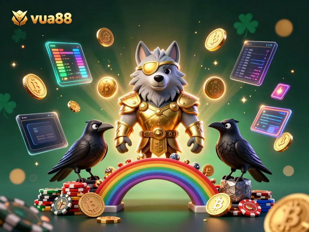 Engage with vibrant Vua88 gaming scene showcasing Odin and ravens amidst casino chips and crypto elements.