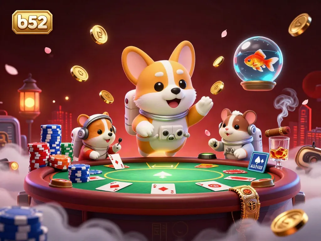 Engage in thrilling gameplay with the b52 space station casino, featuring floating chips and interactive characters.