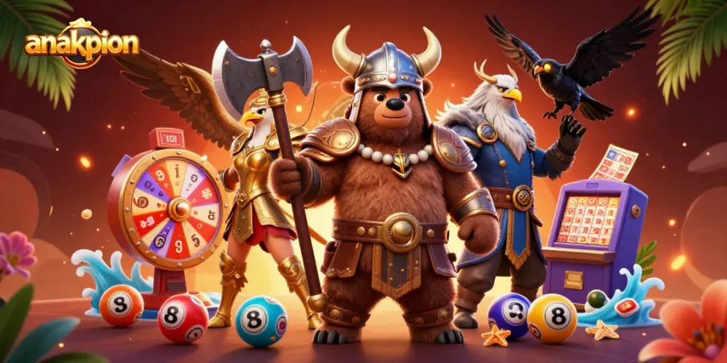 Engaging with exciting lottery games at anakpion with vibrant colorful elements and characters.