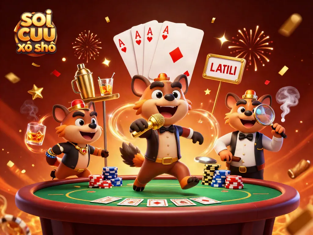 Engage in soi cầu xổ số analysis with comedic hyenas in a vibrant casino scene featuring poker elements.