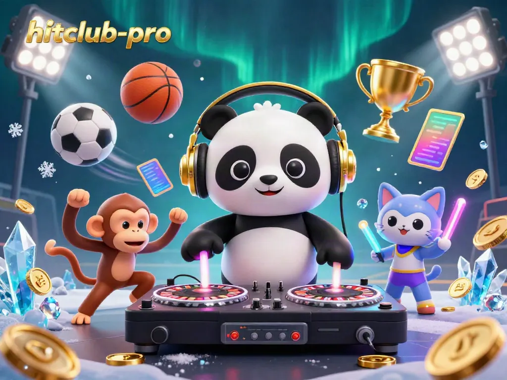 Experience the vibrant energy of hitclub-pro with a DJ panda, breakdancing monkey, and glowing kitten in a dynamic casino setting.