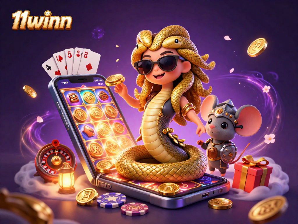 Engage with 11winn's vibrant casino scene featuring Medusa and a warrior mouse amidst dynamic slot game elements.