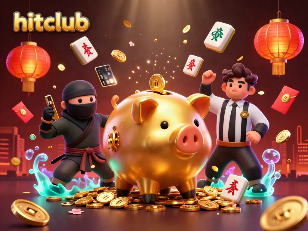 hitclub banner featuring a golden piggy bank sumo wrestler revealing gold coins in a vibrant casino scene