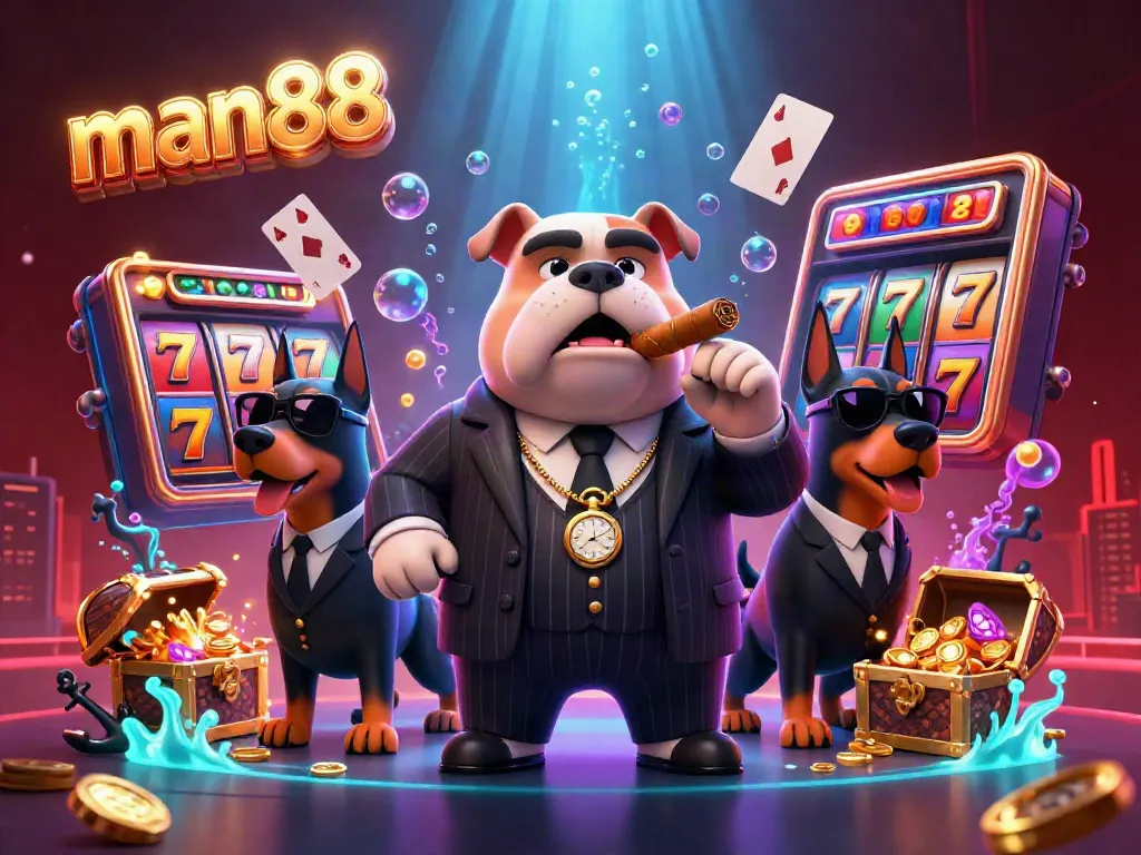 Experience the thrill of man88 in this dynamic 3D casino scene with vibrant slot machines and engaging characters.