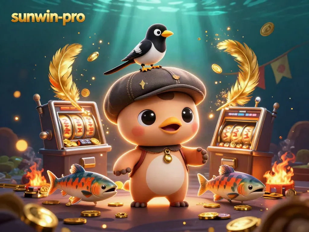 Spin to win with sunwin-pro in this vibrant casino scene featuring cartoon characters and slot machines.