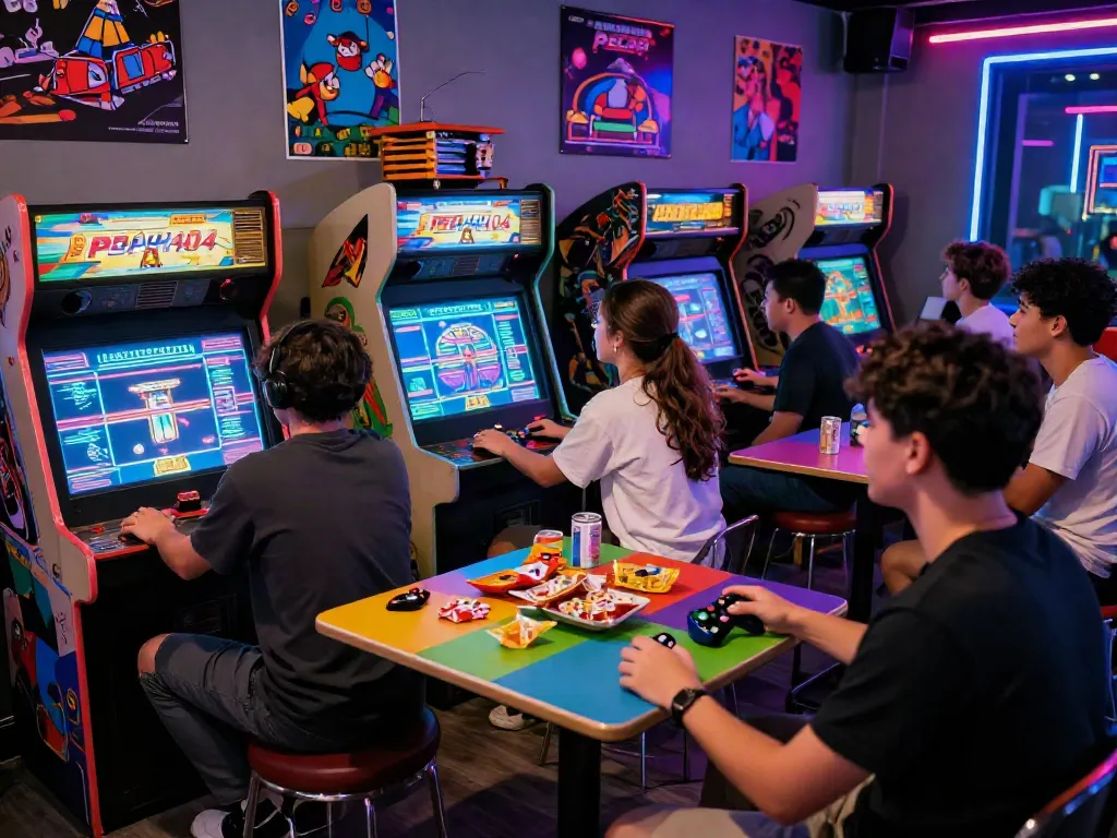 Players enjoying PECAH404 arcade games in a vibrant retro gaming environment.