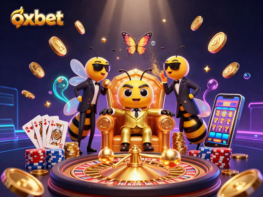 Experience the excitement of oxbet with a vibrant 3D casino scene filled with animated characters and game elements.
