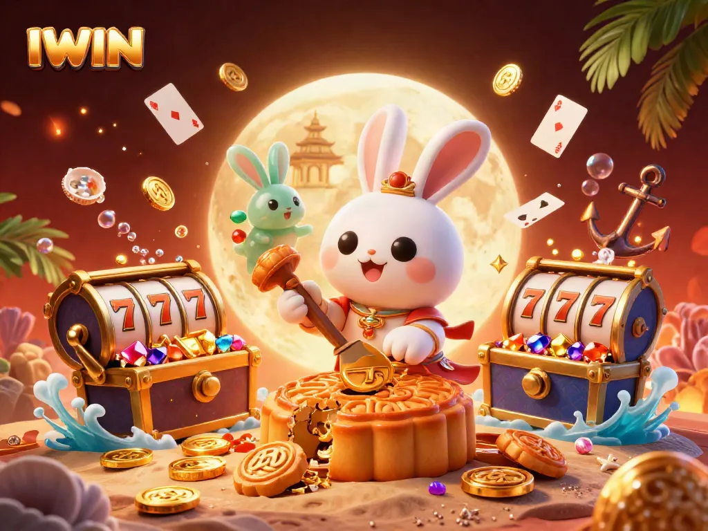 Engage with IWIN's vibrant casino scene featuring the moon rabbit and slot reels.