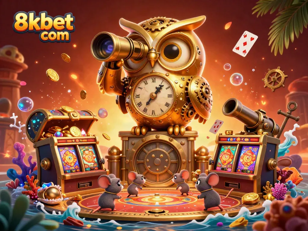 Engage with 8xbet com at this vibrant casino scene featuring a golden owl, treasure chests, and lively game elements.