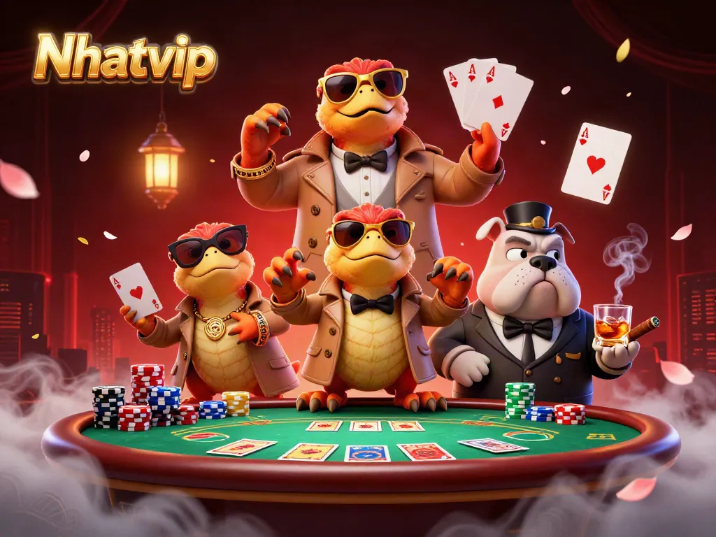 Raptors in a trench coat amusingly attempt to enter the VIP casino, showcasing Nhatvip's playful spirit.