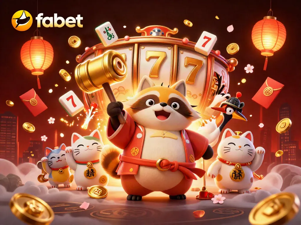 Experience the festive spirit with fabet as the cheerful raccoon and lucky symbols bring casino joy.