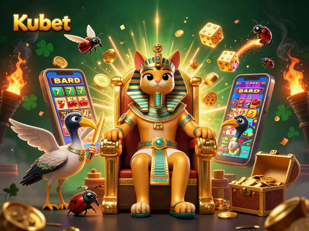 Kubet's thrilling casino atmosphere featuring a cartoon Egyptian pharaoh cat, vibrant gambling elements, and dynamic symbols.