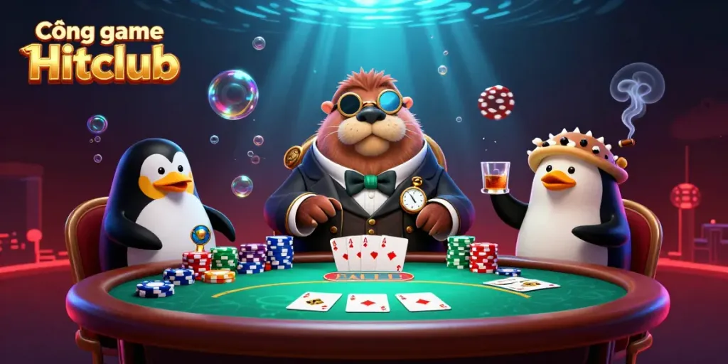 Experience thrilling gameplay at Cổng game Hitclub with a vibrant underwater poker scene featuring unique characters.