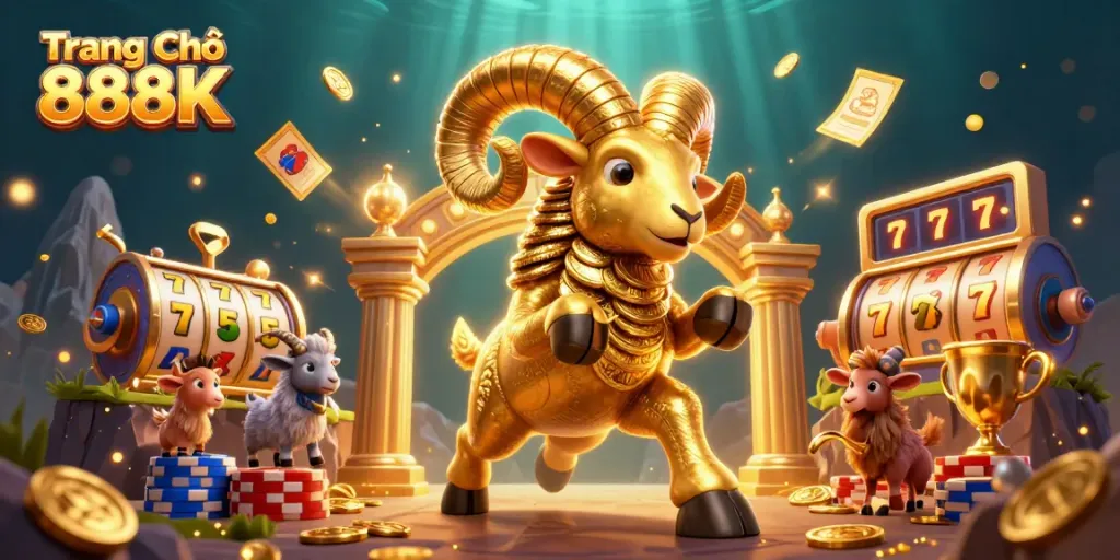 Experience the excitement of Trang Chủ 888K with dynamic 3D illustration featuring casino games and gold.