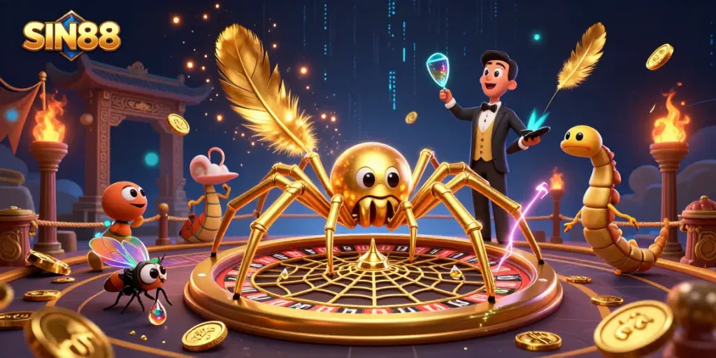Experience the excitement of SIN88 with a roulette wheel web spun by a golden spider, featuring dynamic betting elements.