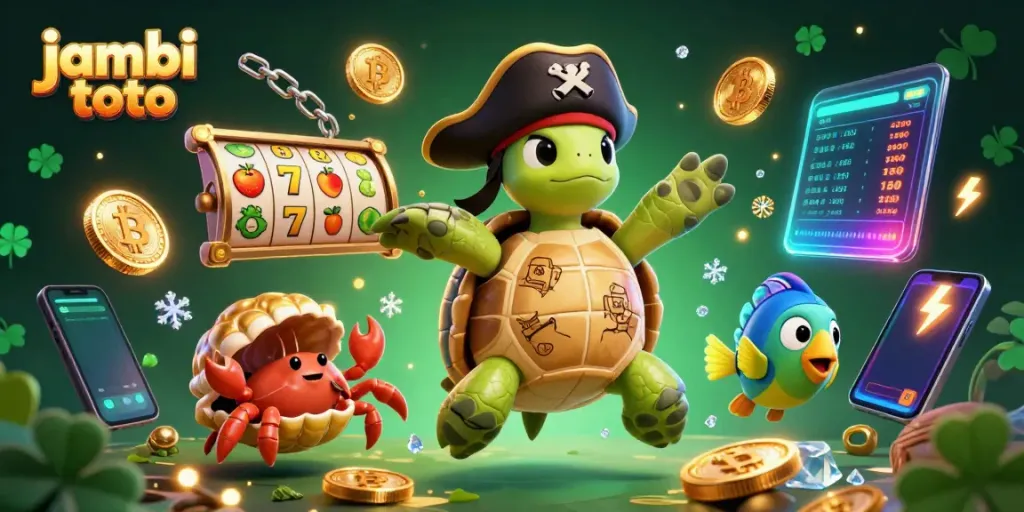 Experience jambi toto excitement with a pirate turtle, crab, and parrotfish amidst vibrant slot reels and cryptocurrencies.