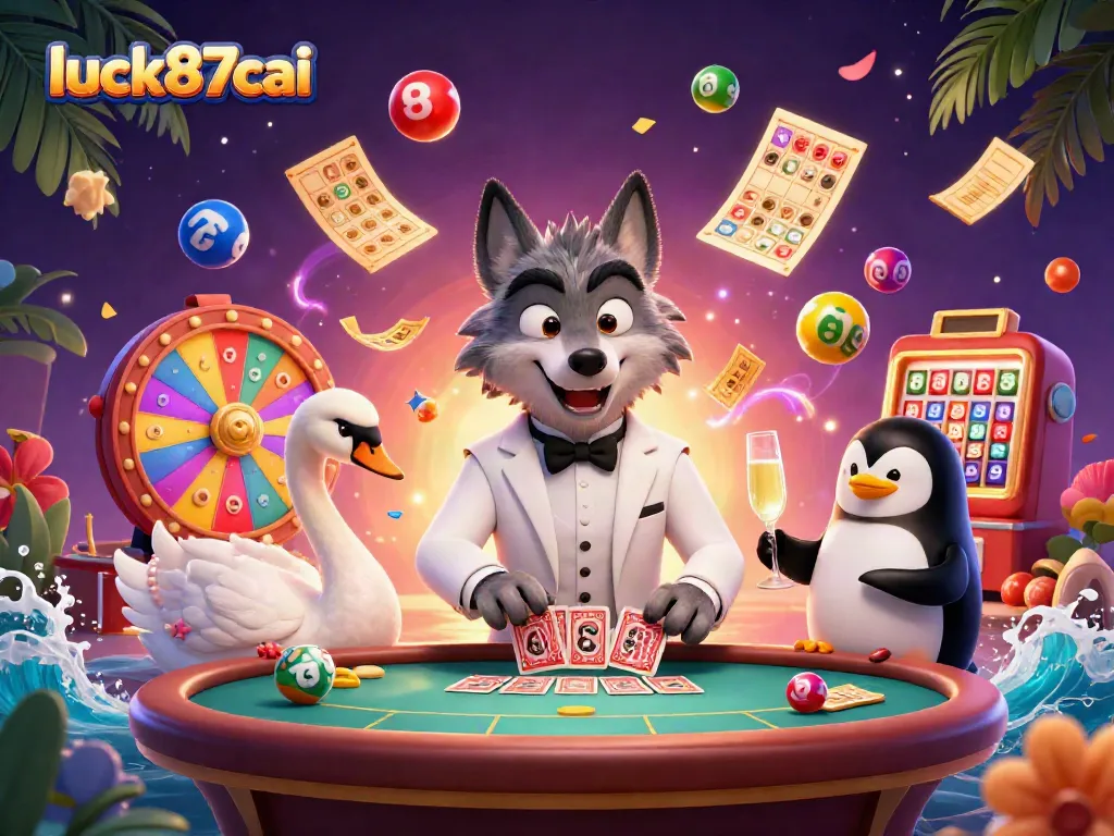 Experience thrill at luck87cai with a dynamic casino scene featuring vibrant lottery elements and elegant characters.
