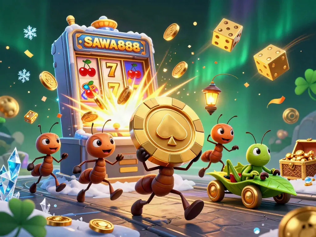 Experience thrilling wins with SAWA888 in a vibrant casino scene featuring ants on a heist.