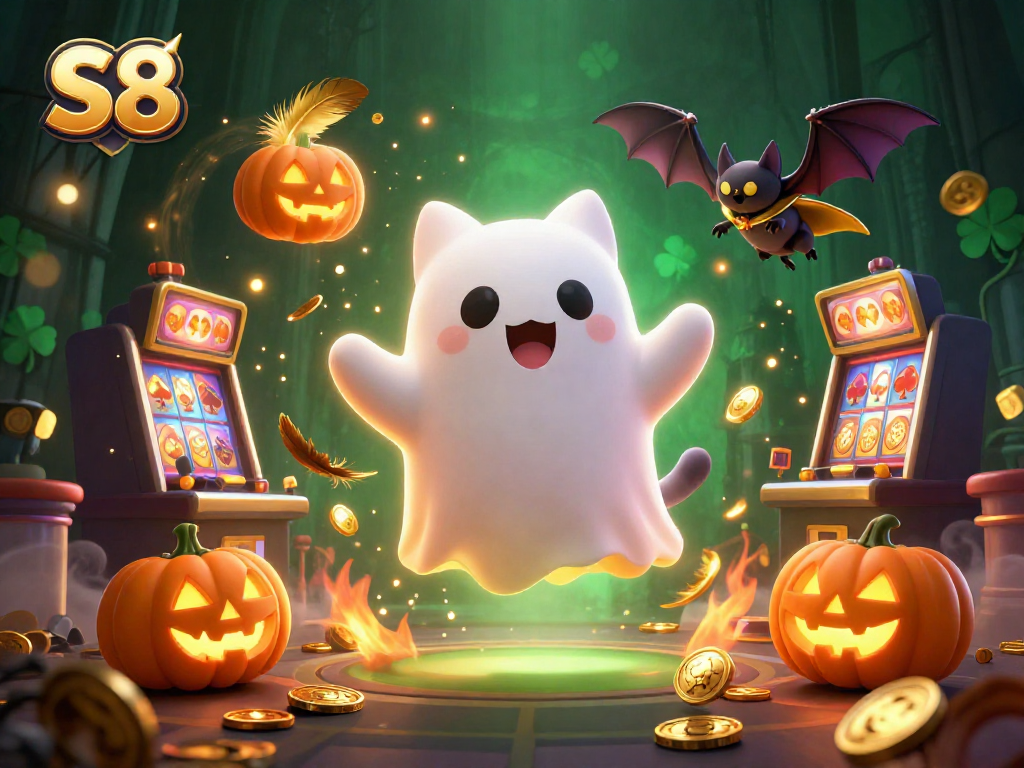 Experience thrilling gaming at S8 with friendly ghost cat and vampire bat in a vibrant casino scene.