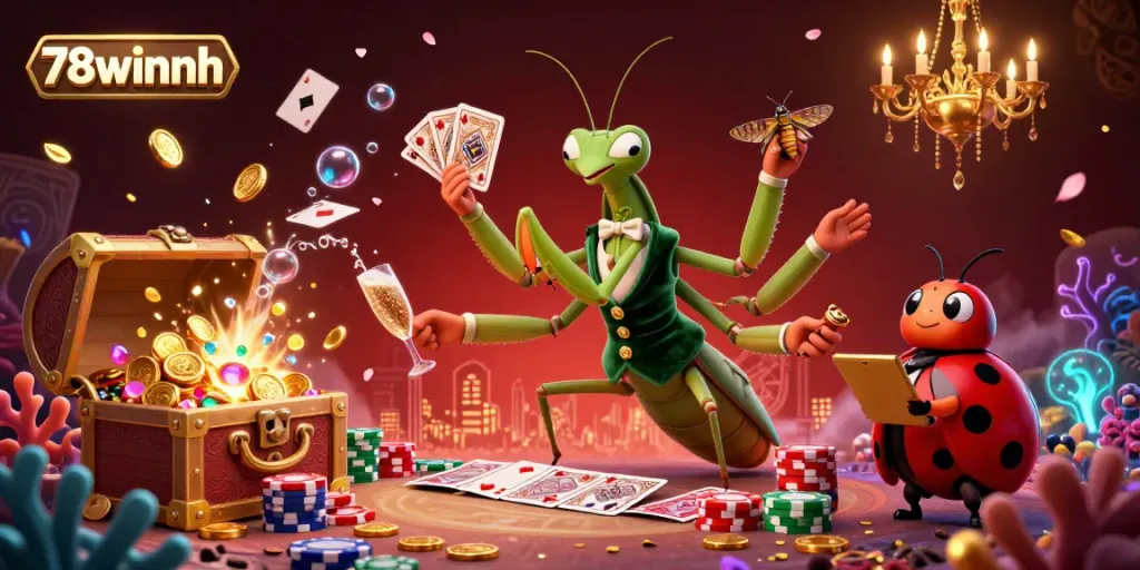 Experience vibrant gambling excitement at 78winnh, featuring a praying mantis card sharp in a dynamic casino scene.