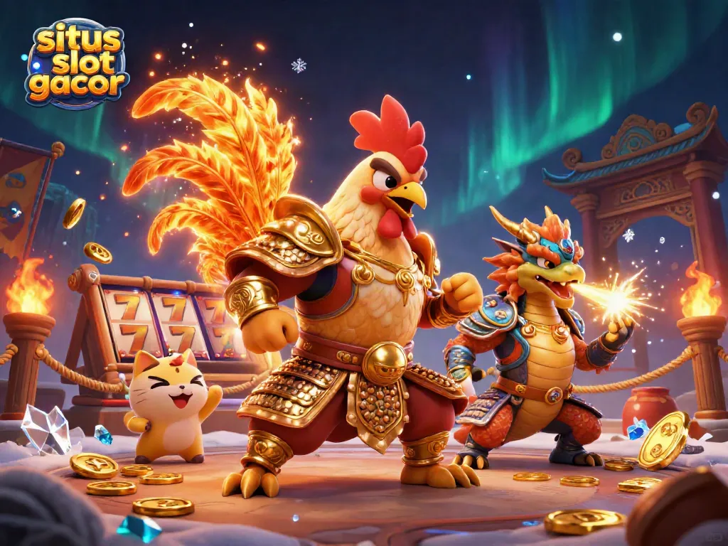 Engage with situs slot gacor as a fighting rooster battles alongside a dragon hatchling in a vibrant casino scene.