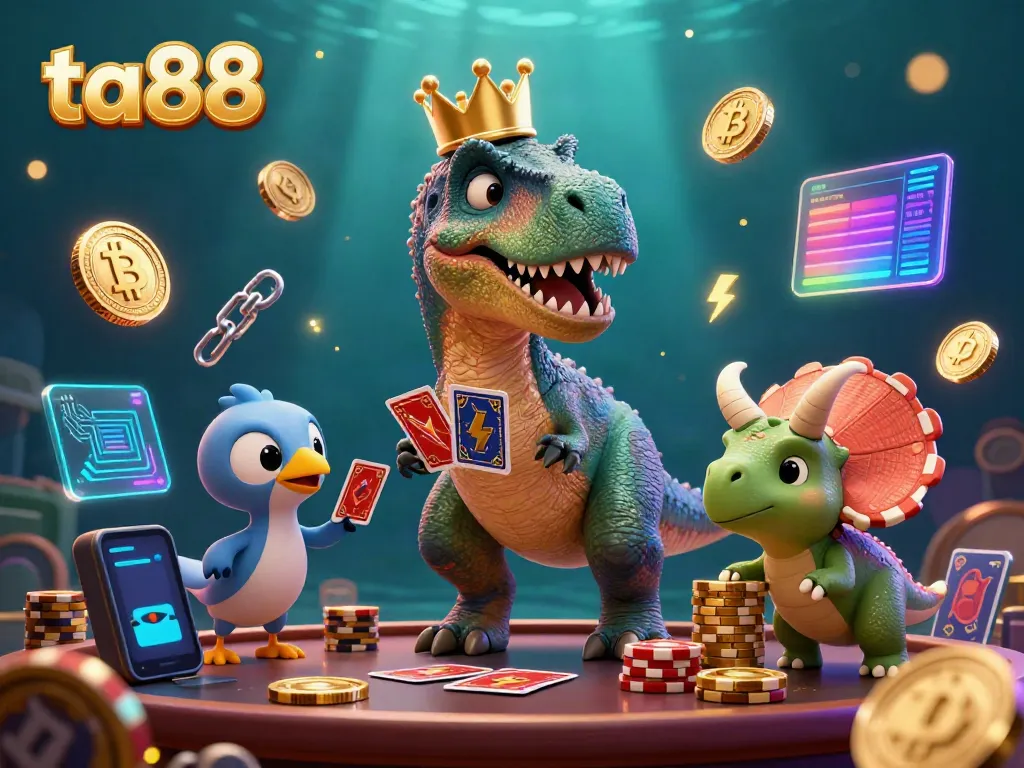 Experience exciting gaming at ta88 with dinosaurs playing cards and stacking chips in a vibrant casino