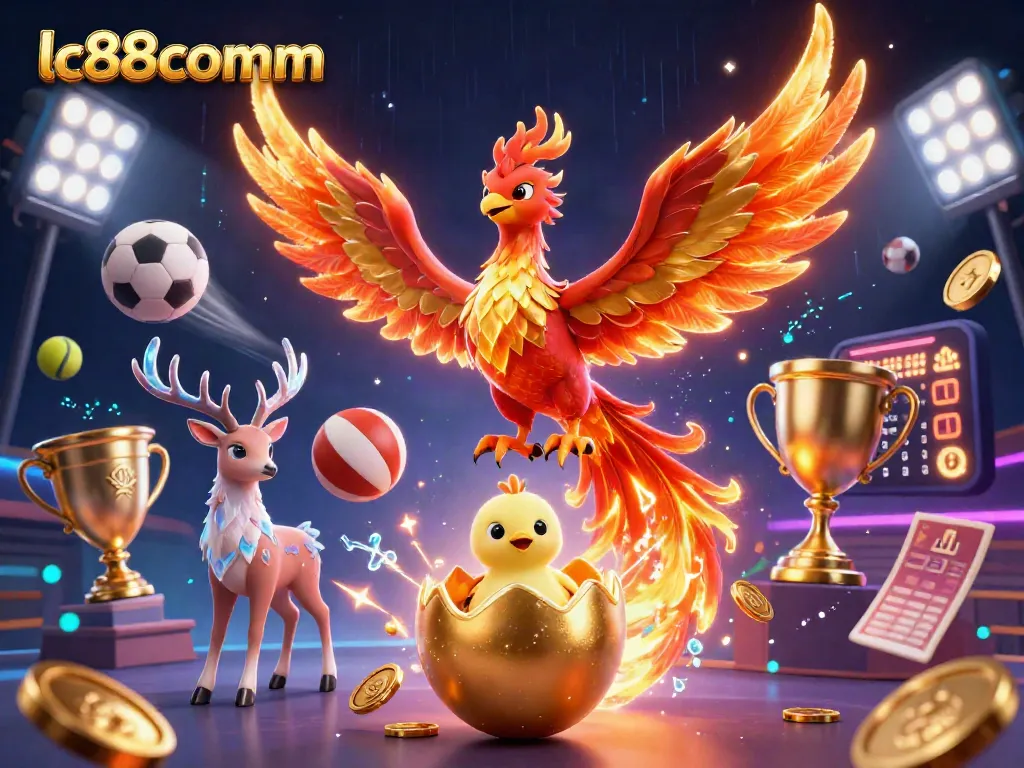 Experience thrilling gaming action at lc88comm with golden trophies and vibrant sports elements.