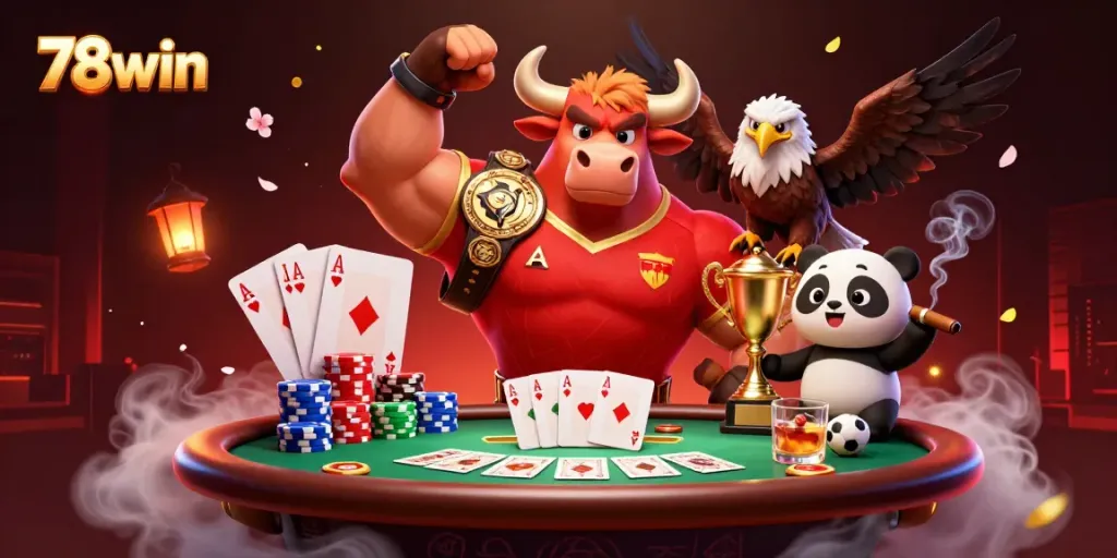 Engaging scene of 78win mascot duo celebrating sports betting victory with trophies and poker elements.