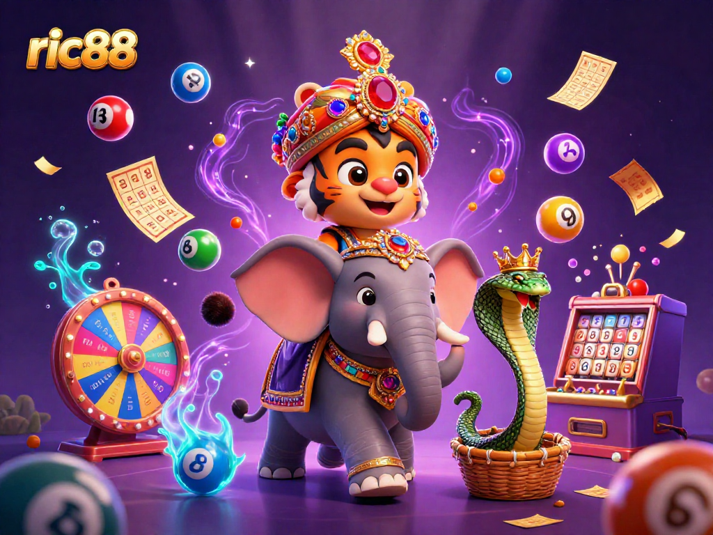 Engage with ric88 at a vibrant casino scene featuring an Indian maharaja tiger and a jewel-encrusted elephant.