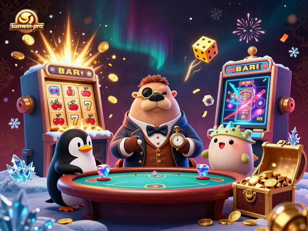 Experience the excitement of sunwin-pro with a lively 3D casino scene featuring vibrant characters and dynamic gameplay elements.
