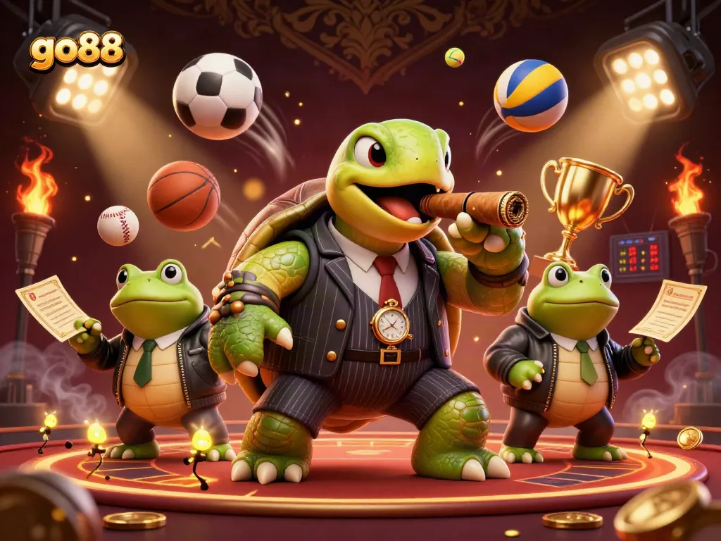 Engage in thrilling victories with go88's vibrant casino illustration showcasing a mobster turtle and frog enforcers.