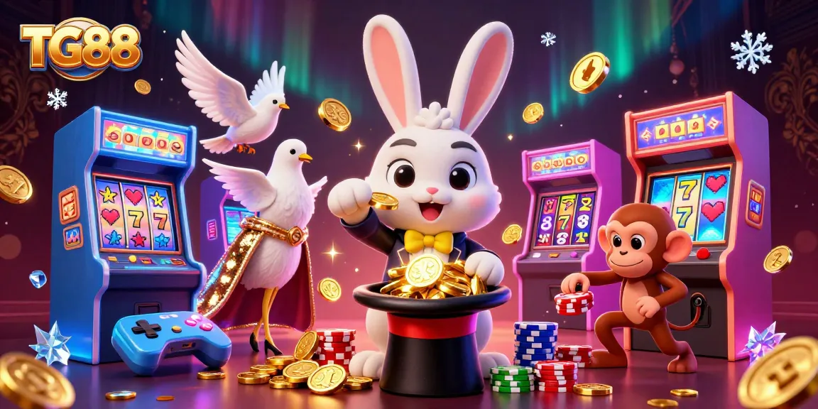 Engage in thrilling gameplay at TG88 with a vibrant 3D casino-themed illustration featuring a magical rabbit, poker chips, and gold coins.