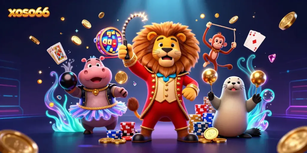 xoso66 features an exciting circus theme with animated characters celebrating winning in a vibrant carnival