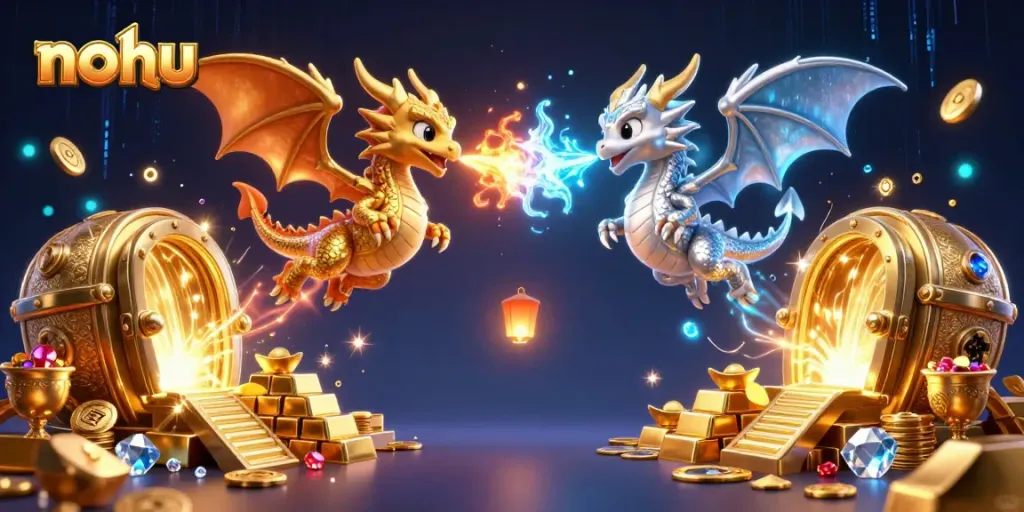 Engage with thrilling nohu jackpots in this vibrant 3D illustration featuring dragon symbology and treasure.