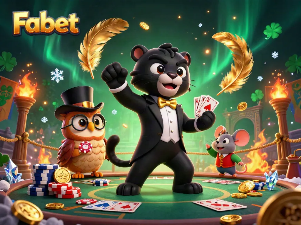 Fabet showcases a cartoon black panther dealing cards in a dynamic casino scene with an owl and mouse.