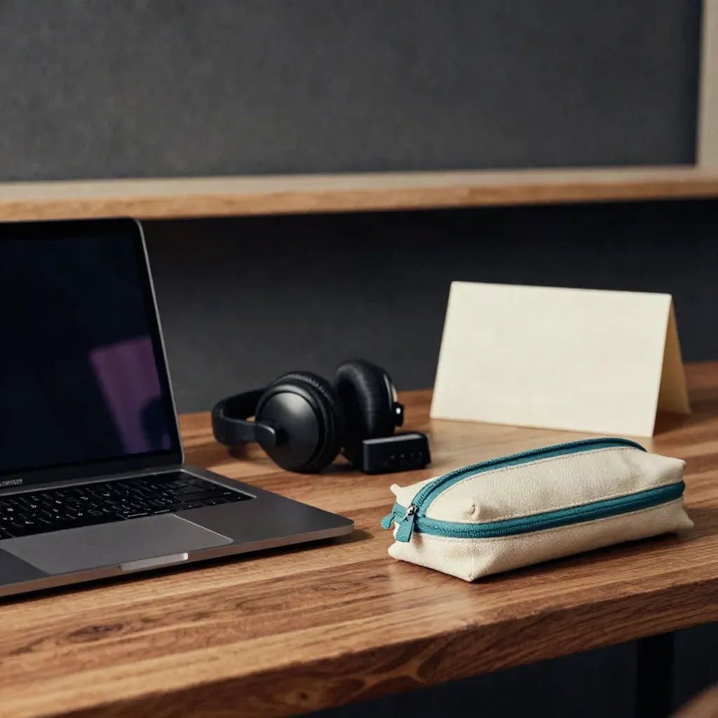 Zestaw korepetytora: zamknięty laptop, słuchawki, timer i piórnik na drewnie.