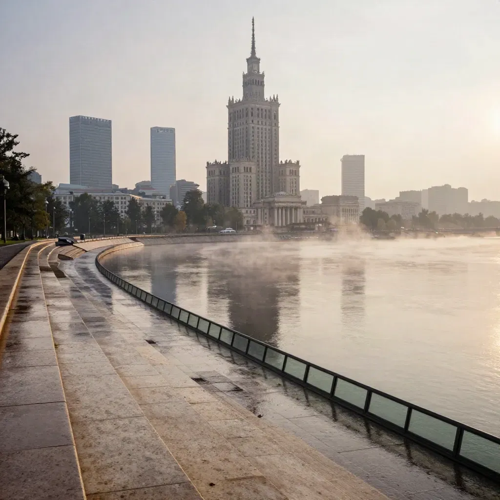 Warszawska panorama o świcie nad Wisłą, z Pałacem Kultury we mgle i spokojnym nabrzeżem.