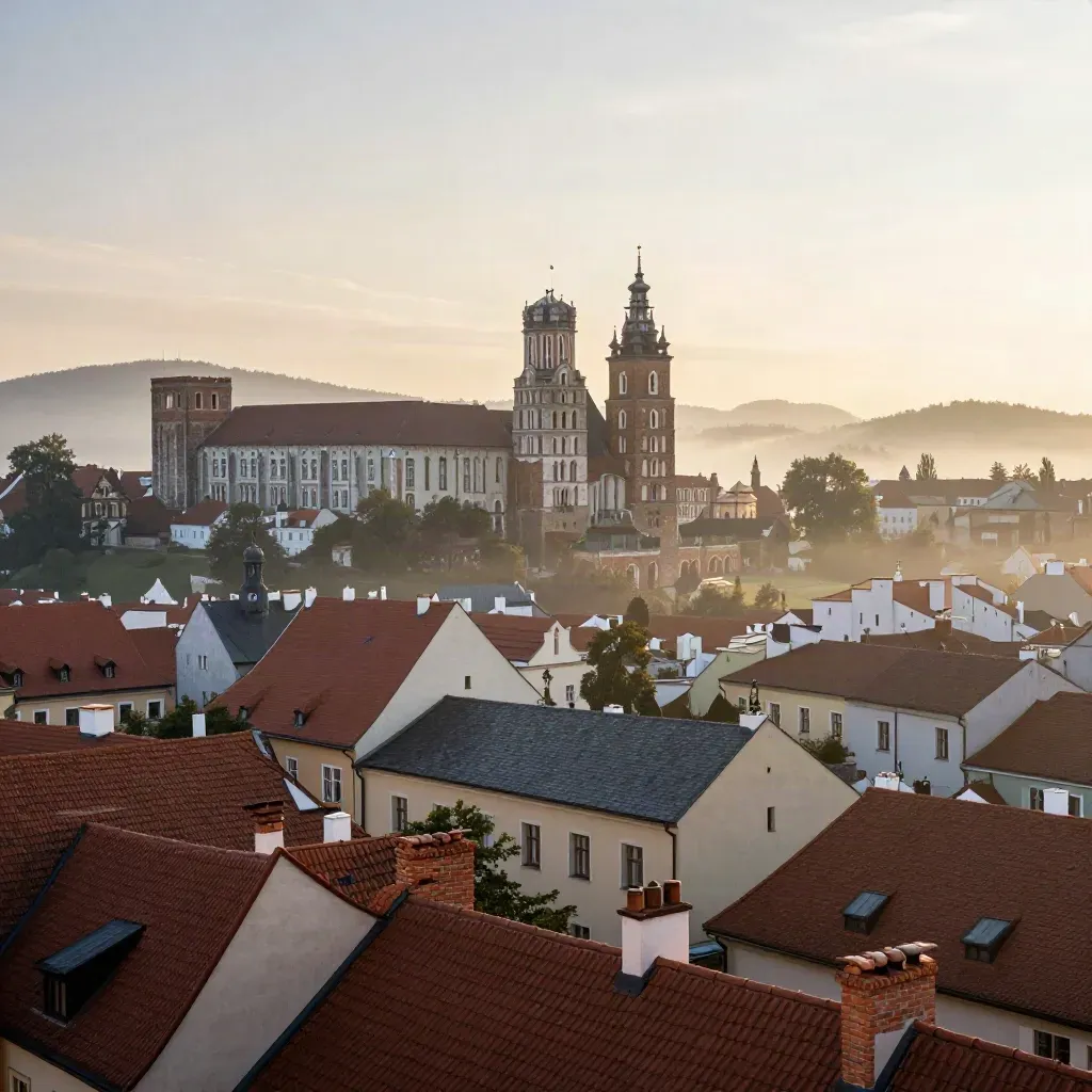 Poranne Kraków z Wawelem ponad dachami i mgłą nad doliną