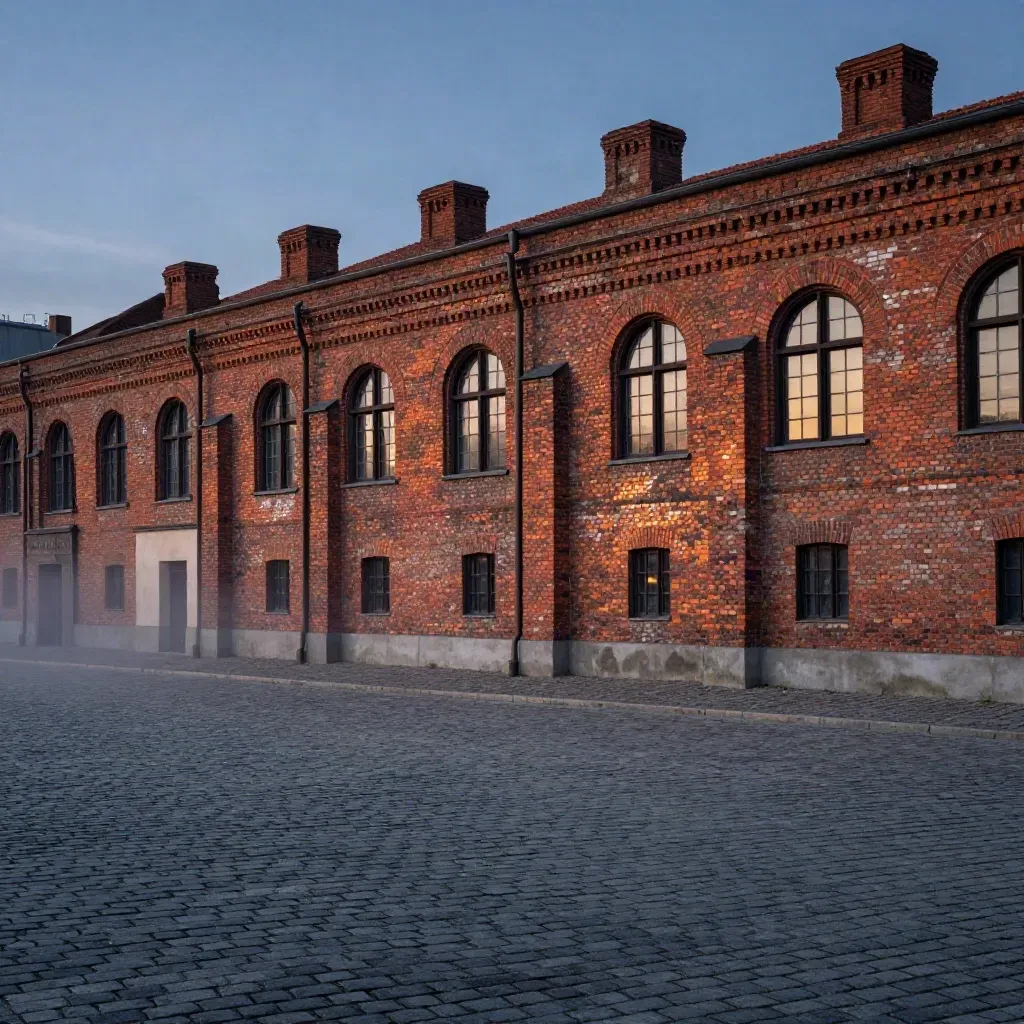 Nikiszowiec o zmierzchu, ceglane podcienia i mglista industrialna panorama