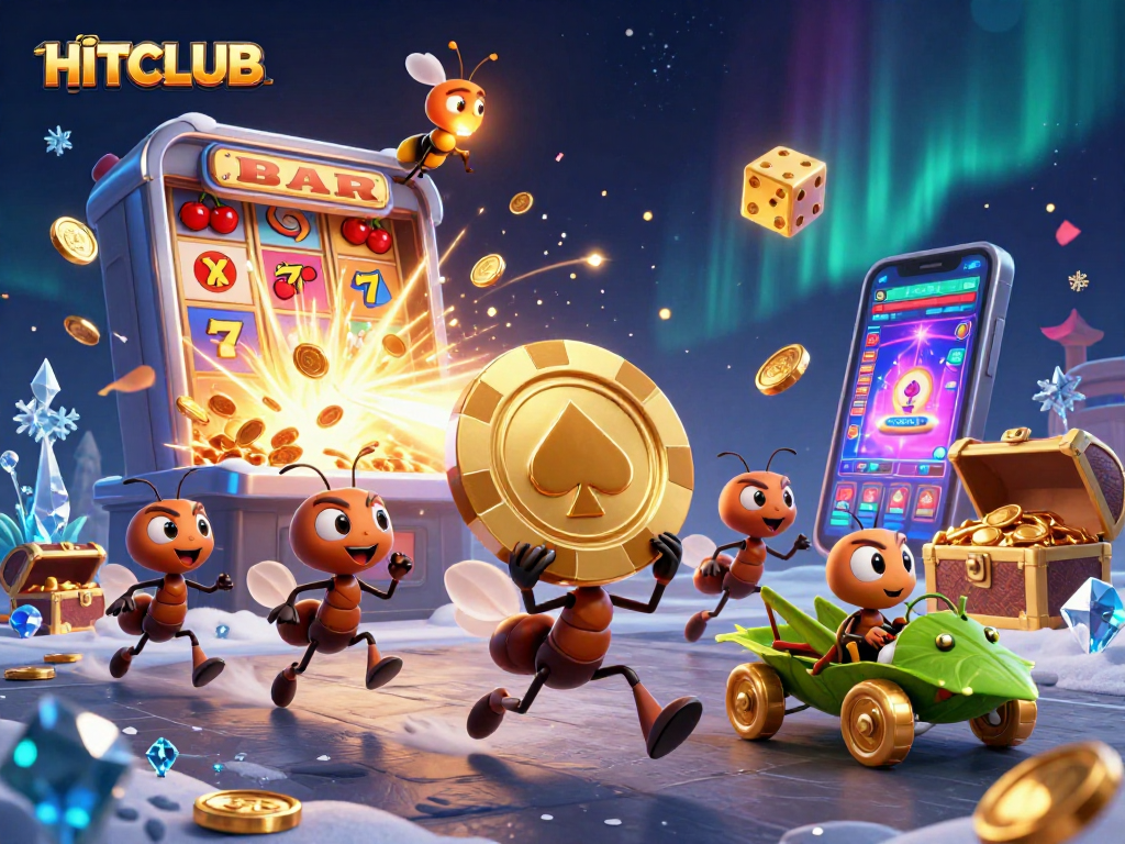 HITCLUB casino heist scene with ants, golden chips, and colorful game elements.