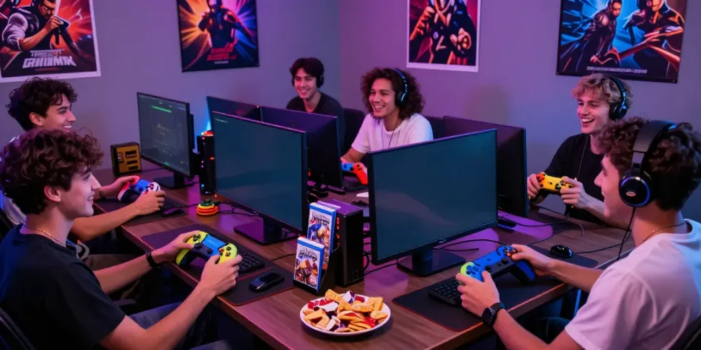 Kilat 404 gaming scene with friends enjoying multiplayer games in an energetic environment.