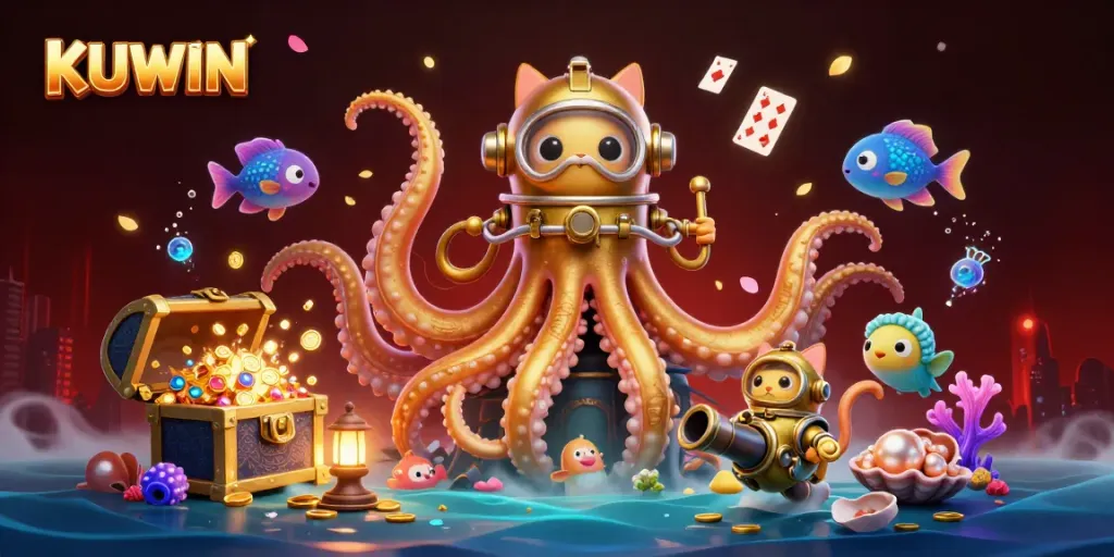 Kuwin players dive into adventure, surrounded by a colossal kraken and treasure-filled ocean in a vibrant casino scene.