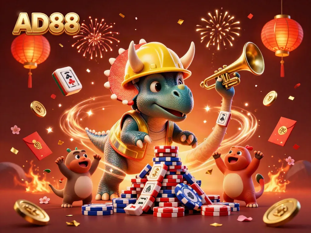 Celebrate winning moments at AD88 with lively characters building poker chip towers in a festive casino setting.