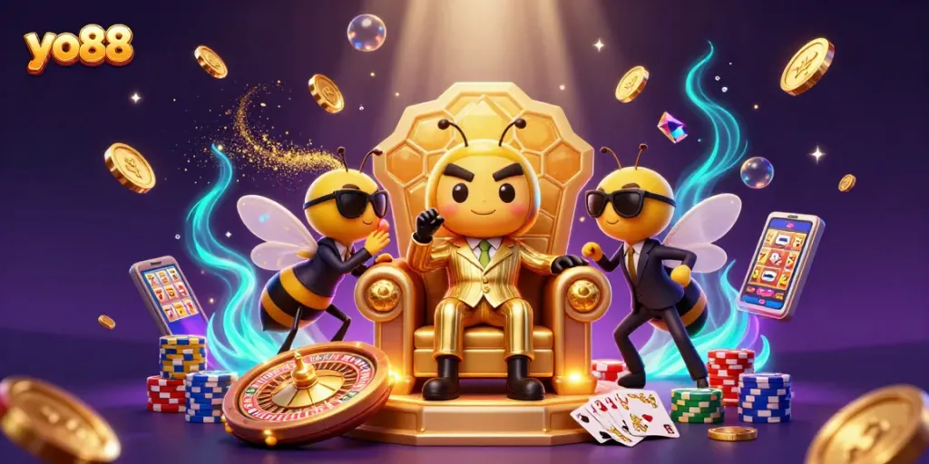 Win big at yo88 casino with an energetic scene featuring a buzzing bumblebee boss and colorful gaming elements.