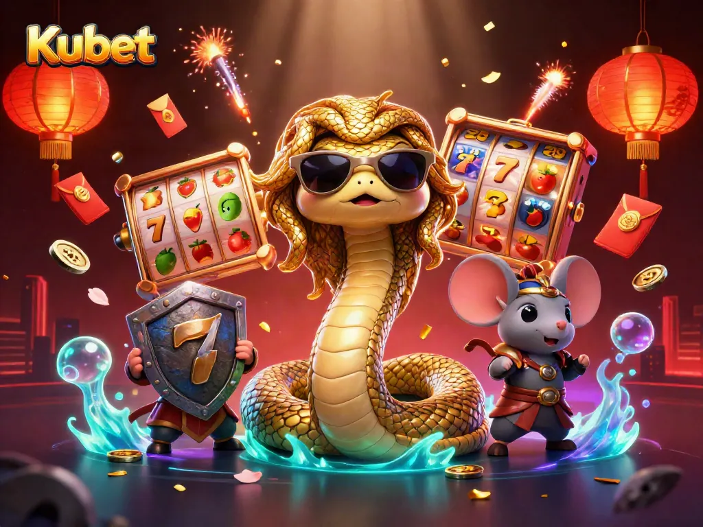 Kubet showcases a friendly Medusa and warrior mouse amidst vibrant casino elements embodying luck and excitement.
