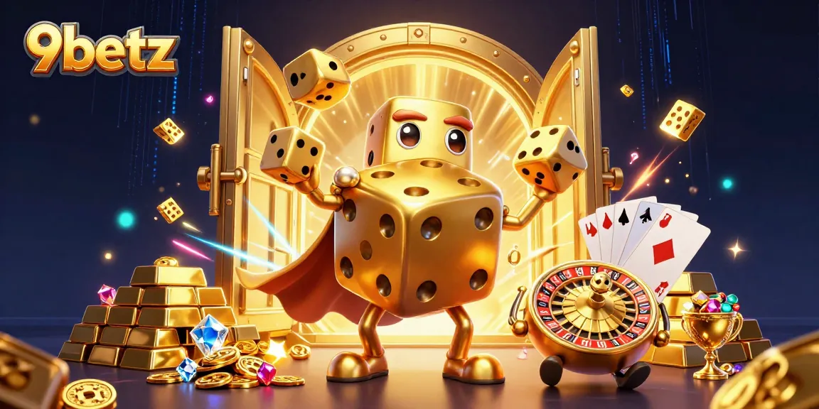 Engage in thrilling action with 9betz as golden dice and jewels abound in a vibrant casino scene.