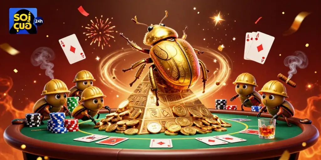Engaging scene illustrating soi cầu 24h with gold beetles and poker elements in a vibrant casino atmosphere.