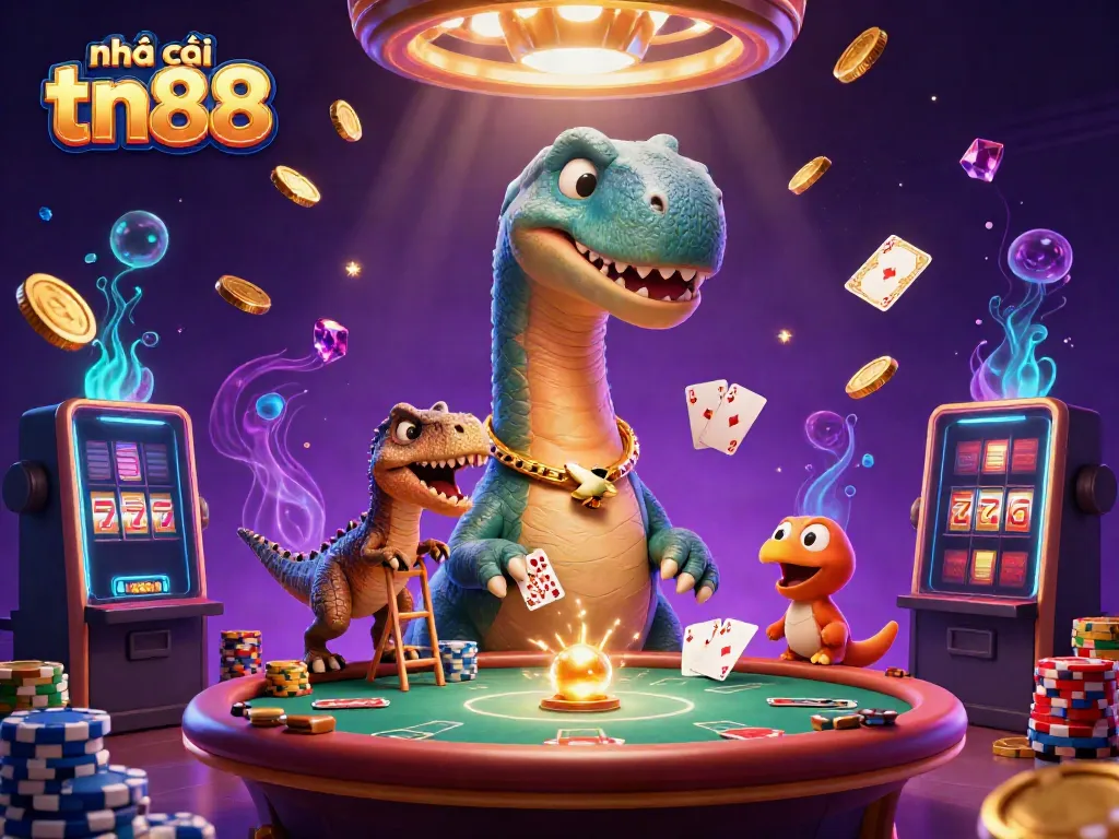 Engage with the dynamic world of nhà cái tn88 as cartoon dinosaurs celebrate at a vibrant casino scene